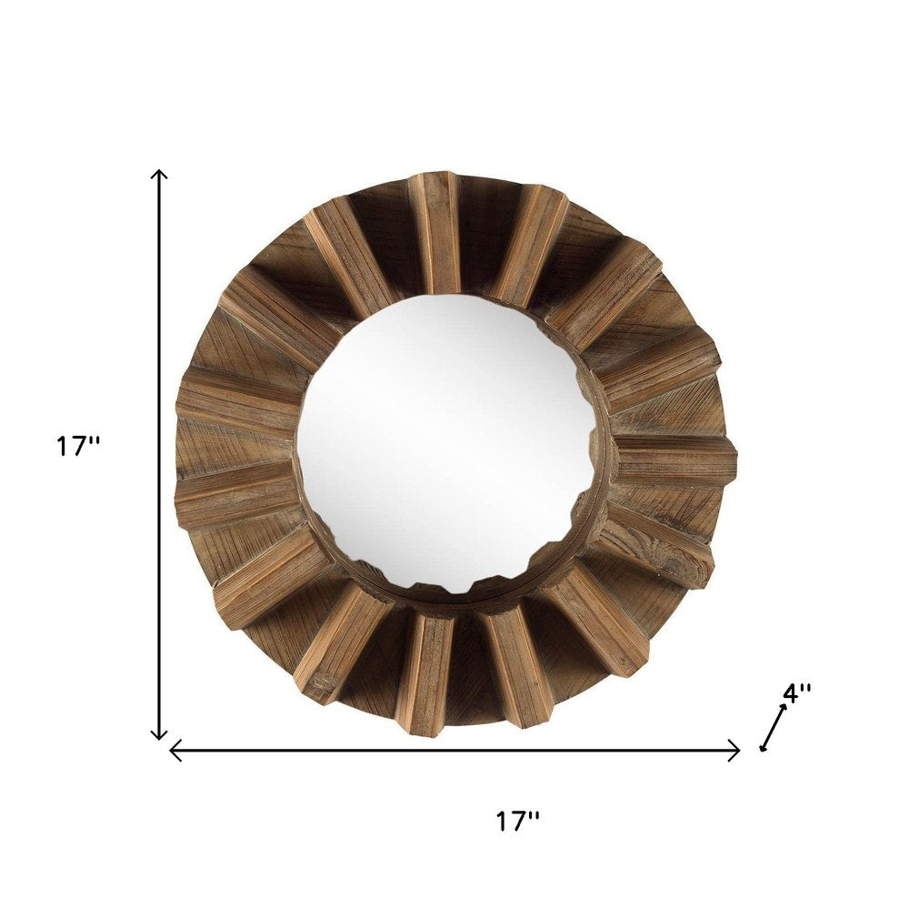 17" Brown Solid Wood Round Geometric Framed Accent Mirror