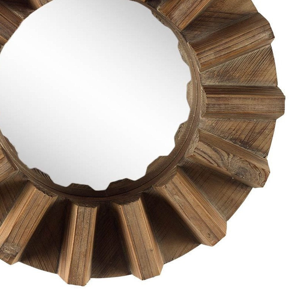 17" Brown Solid Wood Round Geometric Framed Accent Mirror