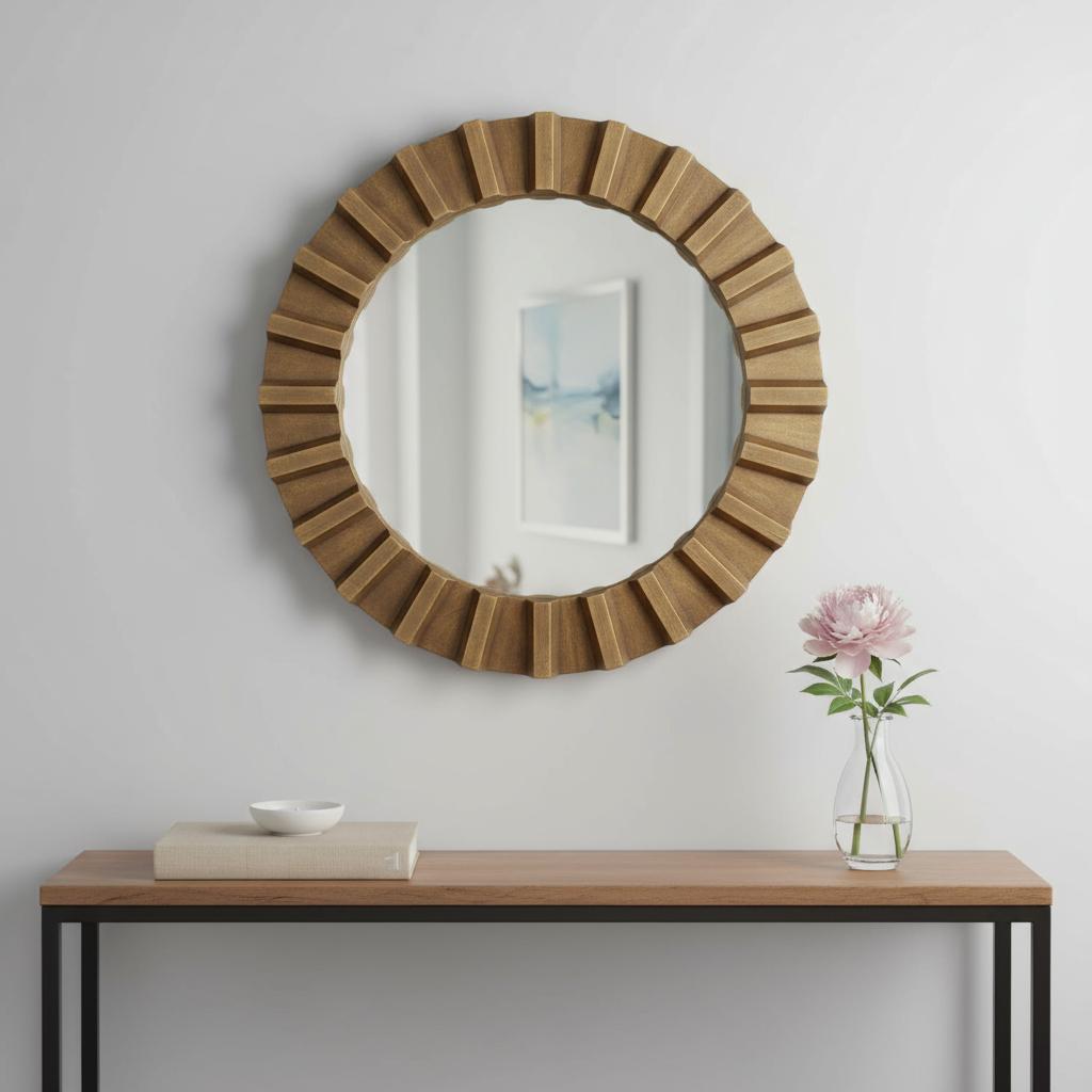 26" Brown Round Wood Framed Accent Mirror