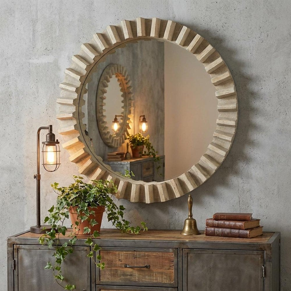 35" Round Natural Brown Wood Frame Wall Mirror
