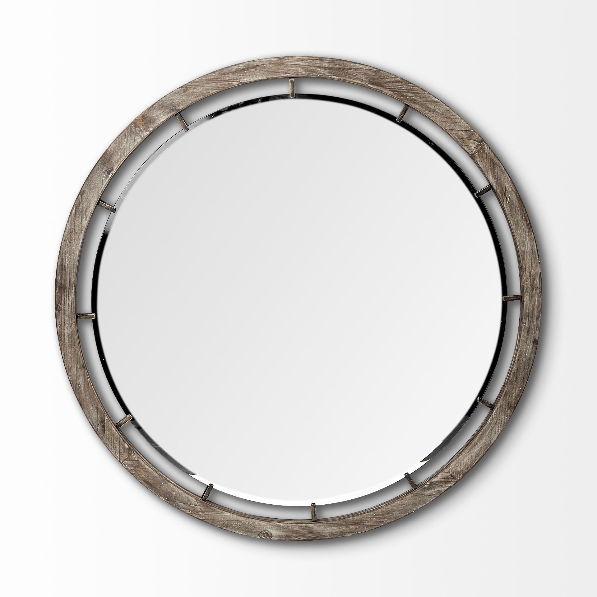 46" Round Brown Wood Frame Wall Mirror