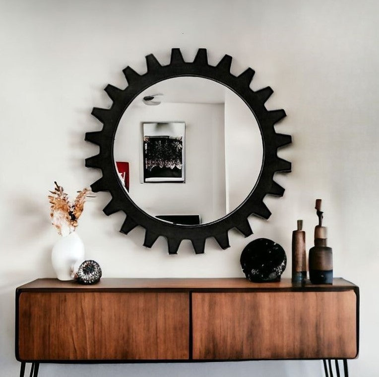 26" Black Cog Round Metal Frame Wall Mirror