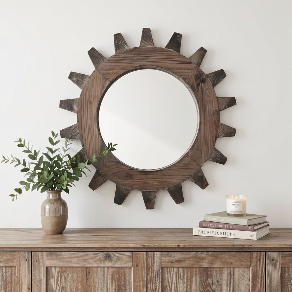 17" Brown Solid Wood Abstract Framed Accent Mirror