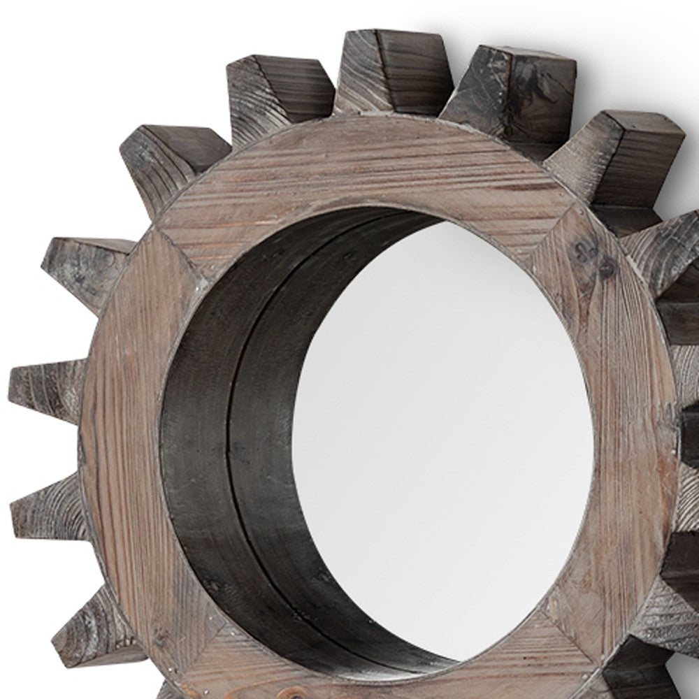 Cog 17" Round Natural Wood Frame Wall Mirror