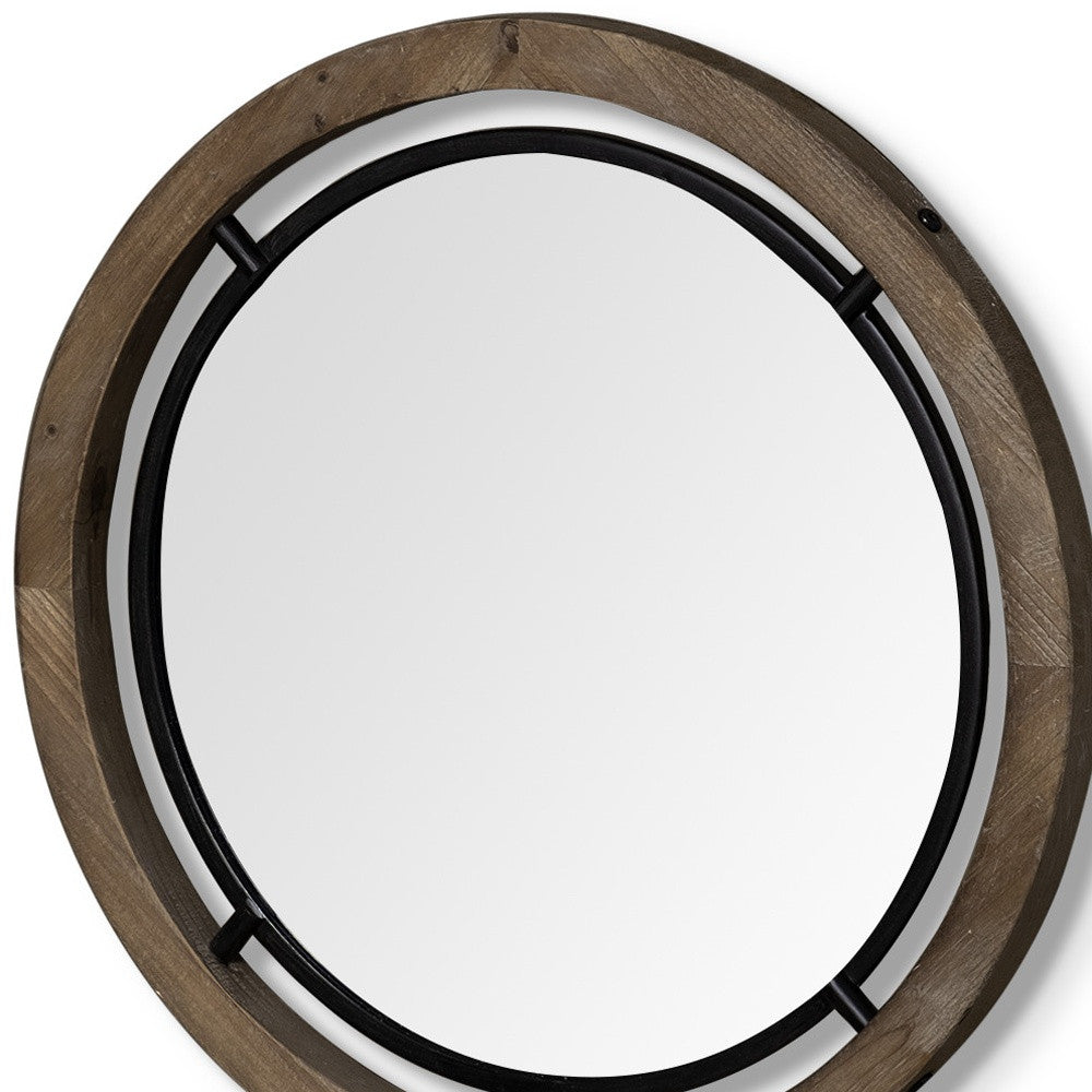 19" Brown Wood And Black Metal Frame Wall Mirror