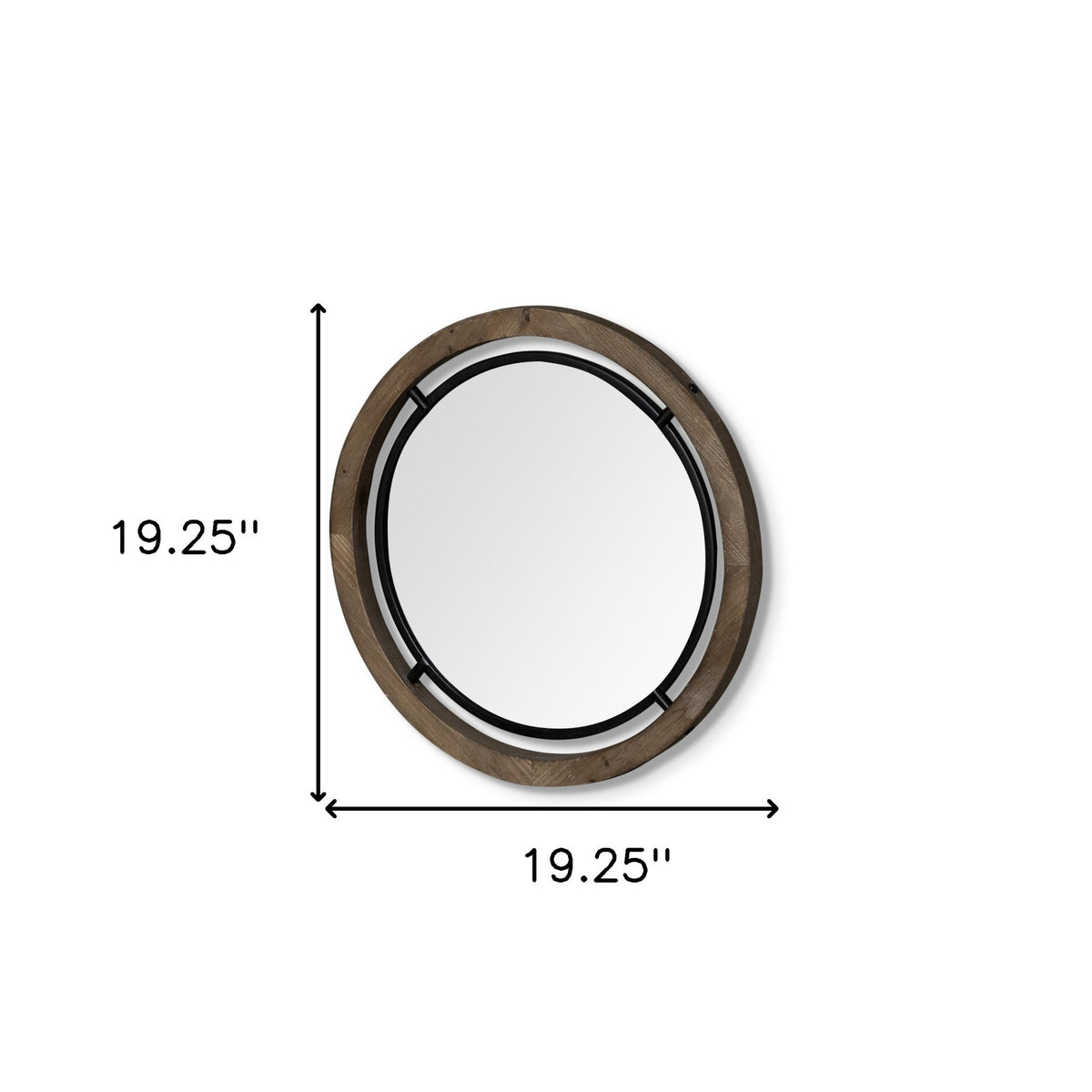 19" Black And Brown Metal And Solid Wood Round Geometric Framed Accent Mirror