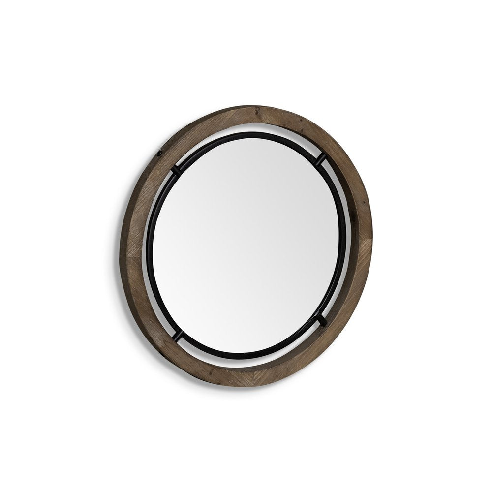 19" Brown And Black Metal And Wood Round Framed Accent Mirror