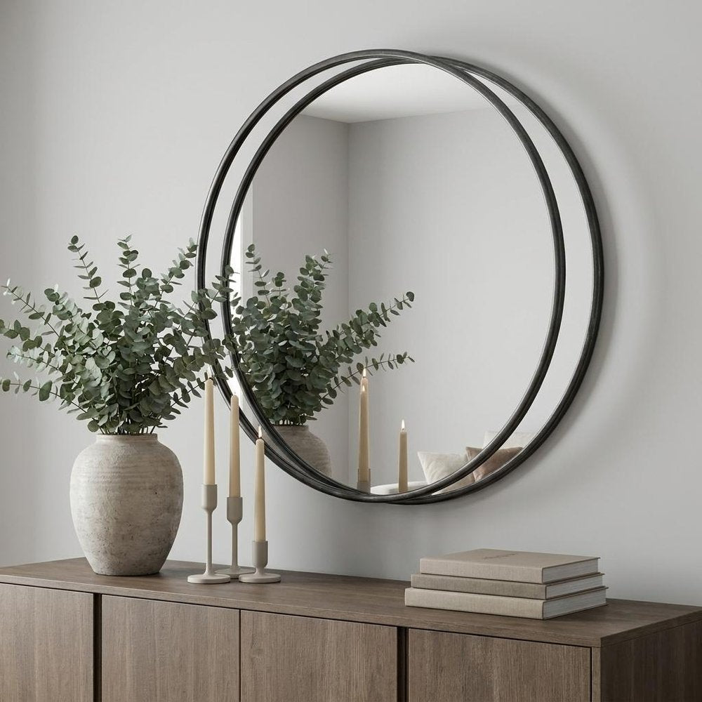 47" Round Black Metal Frame Wall Mirror