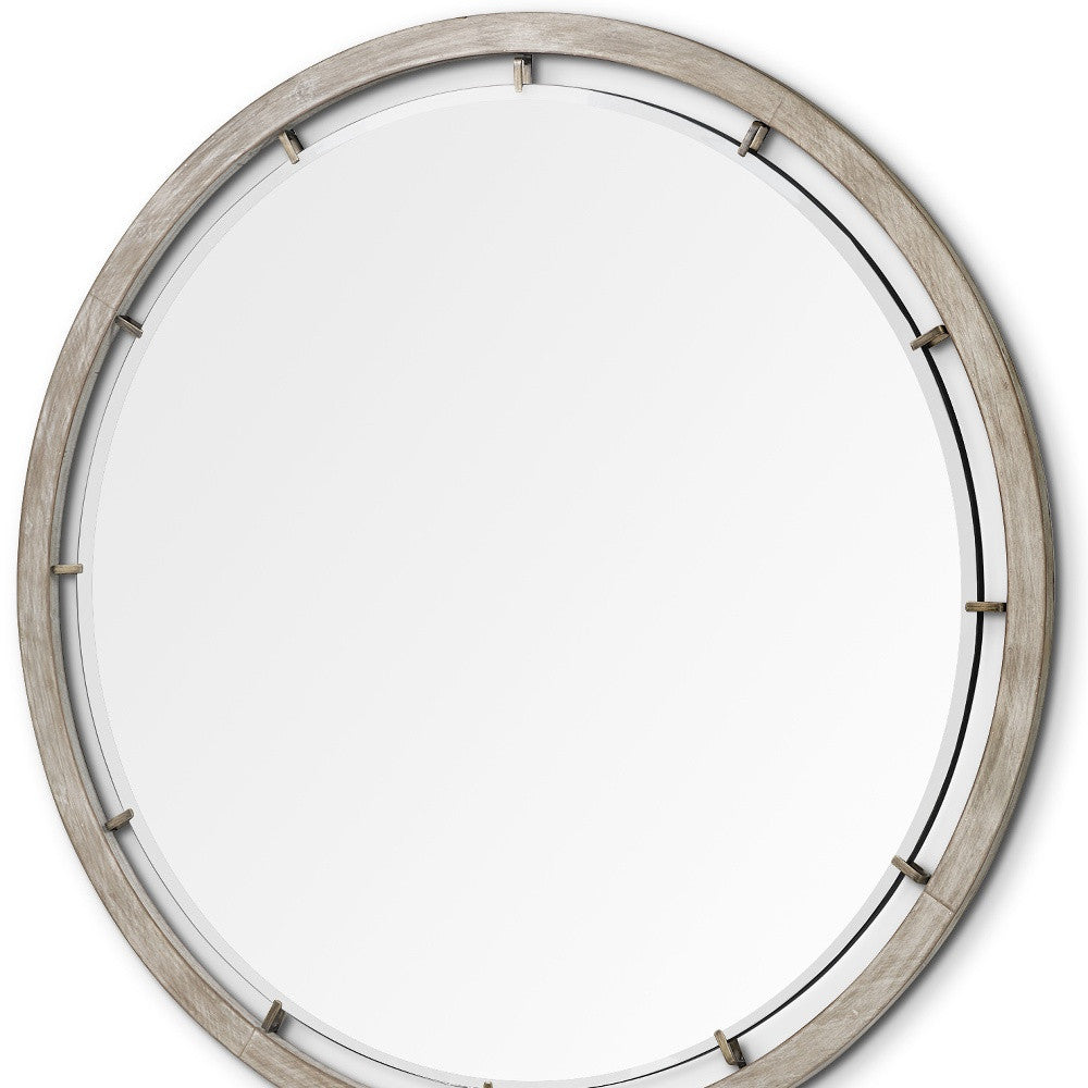 54" Brown Round Wood And Metal Framed Accent Mirror