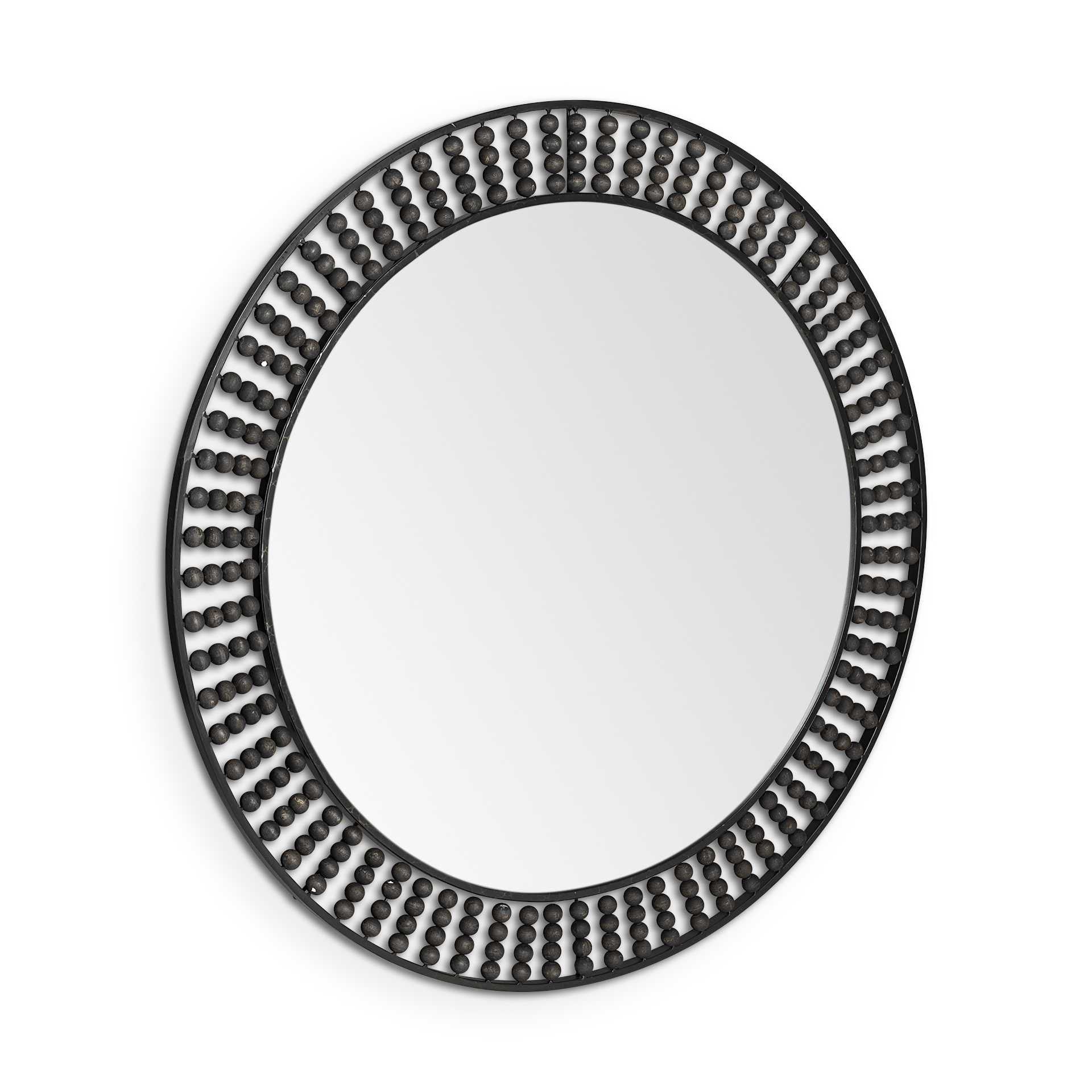 42" Round Black Metal Frame Wall Mirror With Wood Beads