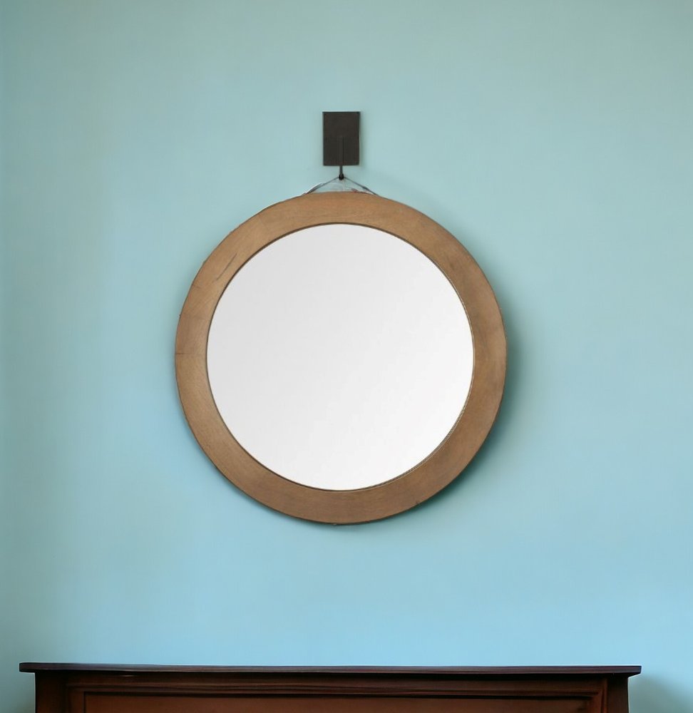 44" Brown Round Wood Framed Rope Hanging Accent Mirror