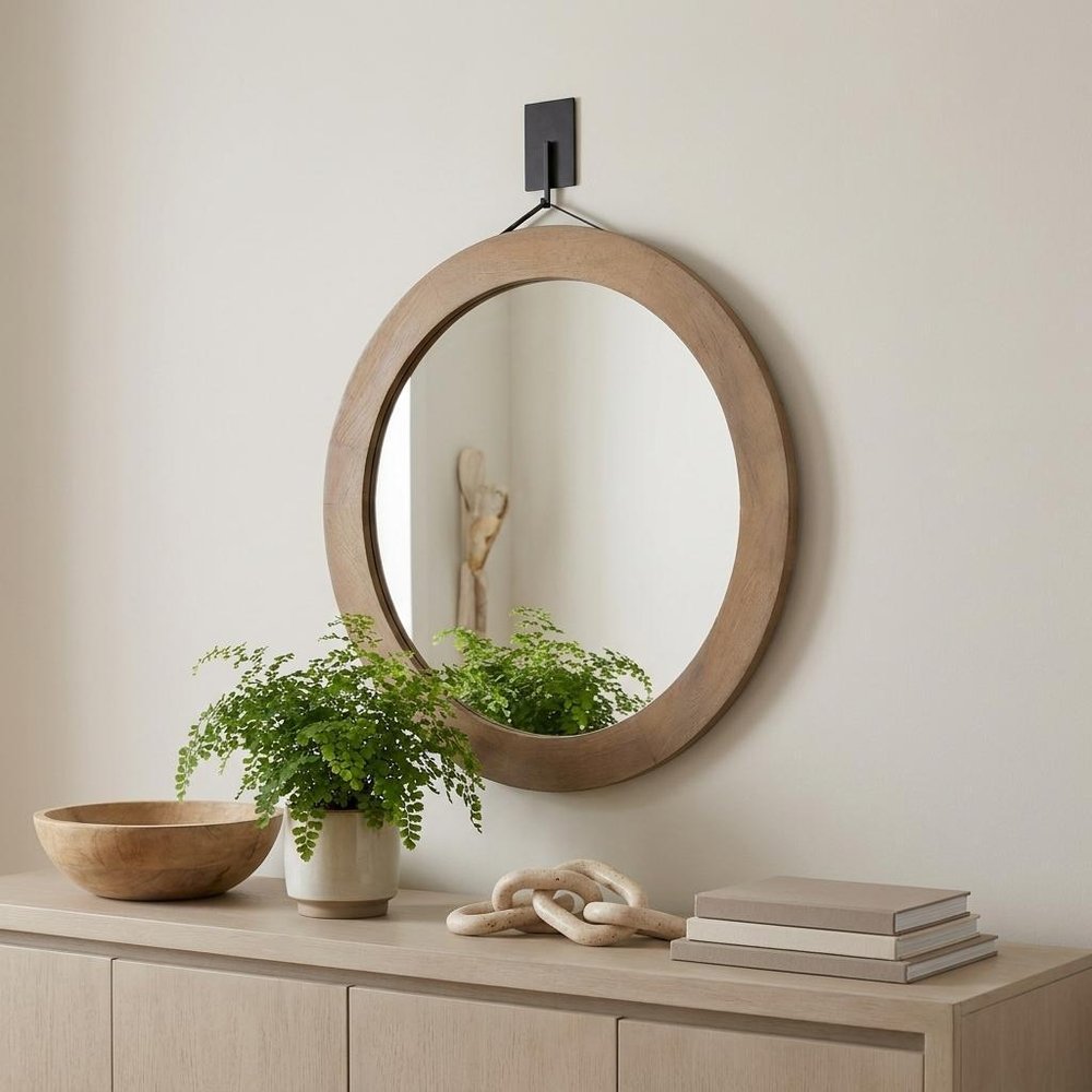 44" Brown Round Wood Framed Rope Hanging Accent Mirror