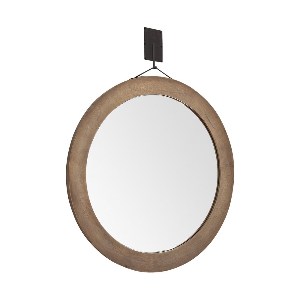 44" Brown Round Wood Framed Rope Hanging Accent Mirror