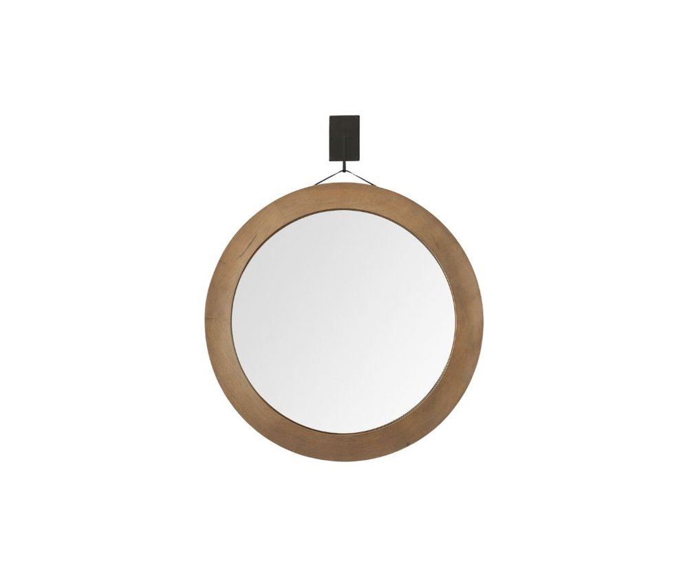 44" Brown Round Wood Framed Rope Hanging Accent Mirror