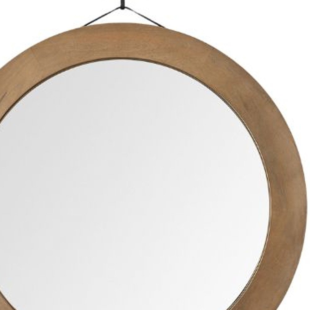 44" Brown Round Wood Framed Rope Hanging Accent Mirror