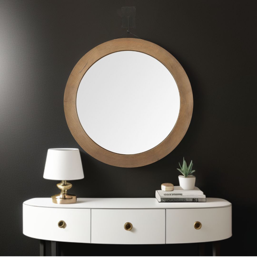 43.5" Round Brown Wood Frame Wall Mirror