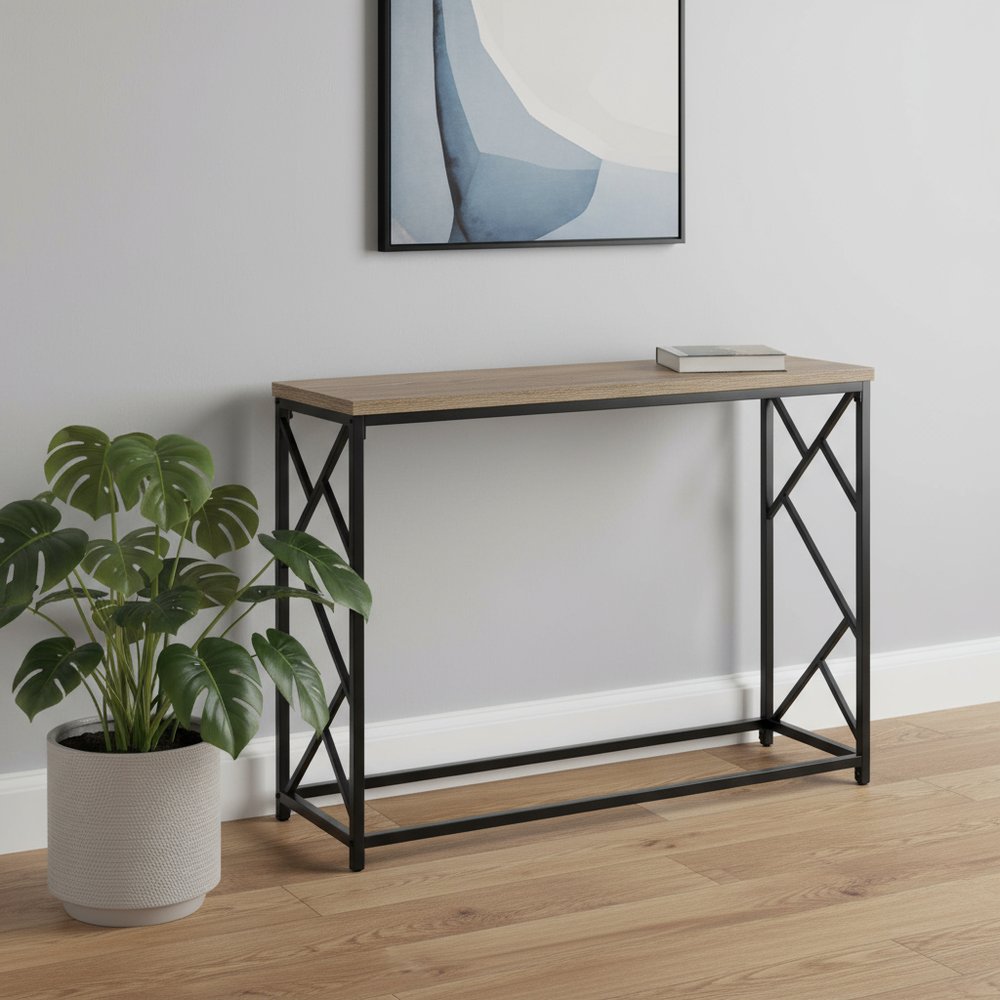 44" Taupe and Black Wood and Metal Frame Console Table