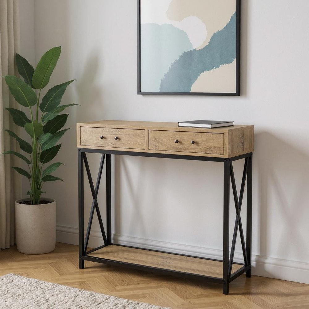 47" Taupe and Black Frame Console Table With Shelves