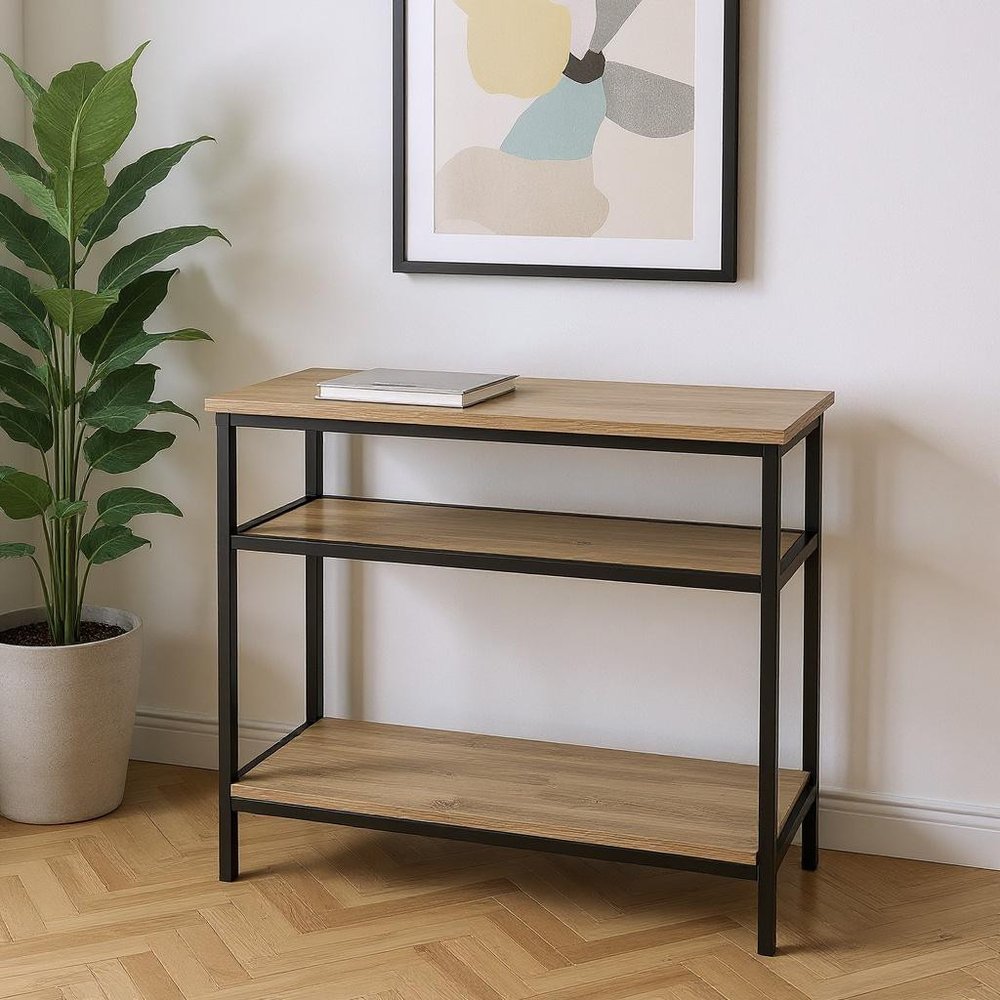 47" Gray and Black Frame Console Table With Shelves