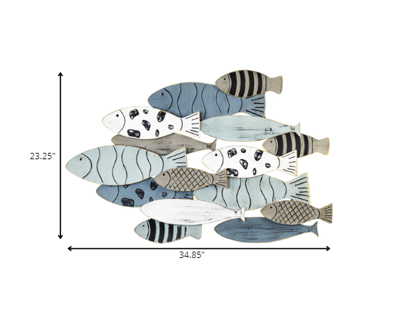 23" X 35" Distressed Blue and Beige Metal Fish Wall Decor