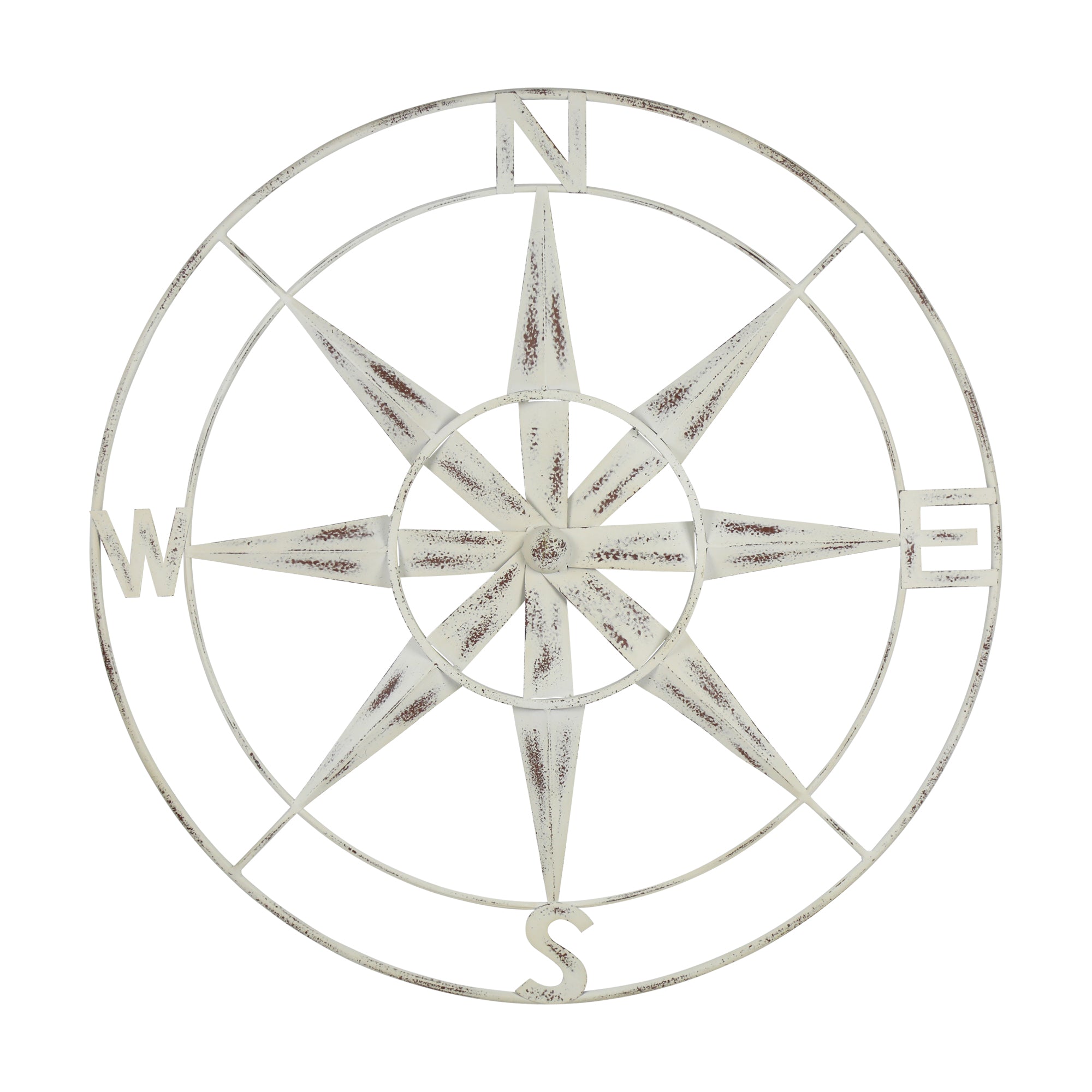 Nautical Compass Metal Wall Decor With Distressed White Finish