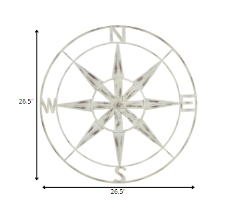 Nautical Compass Metal Wall Decor With Distressed White Finish