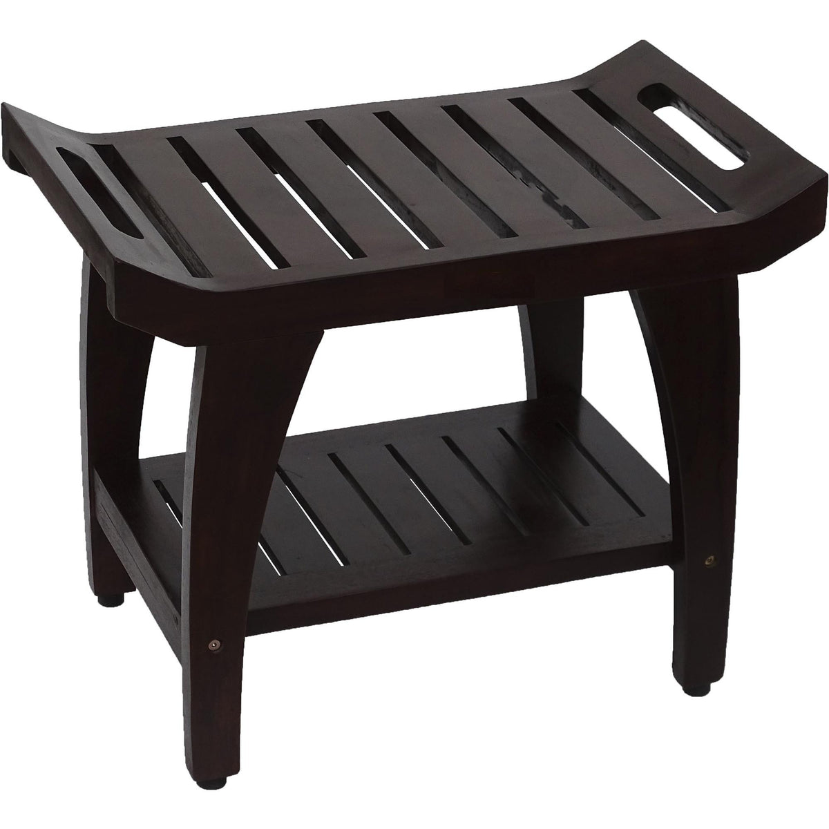 Contemporary Teak Shower Bench With Shelf And Handles In Brown Finish