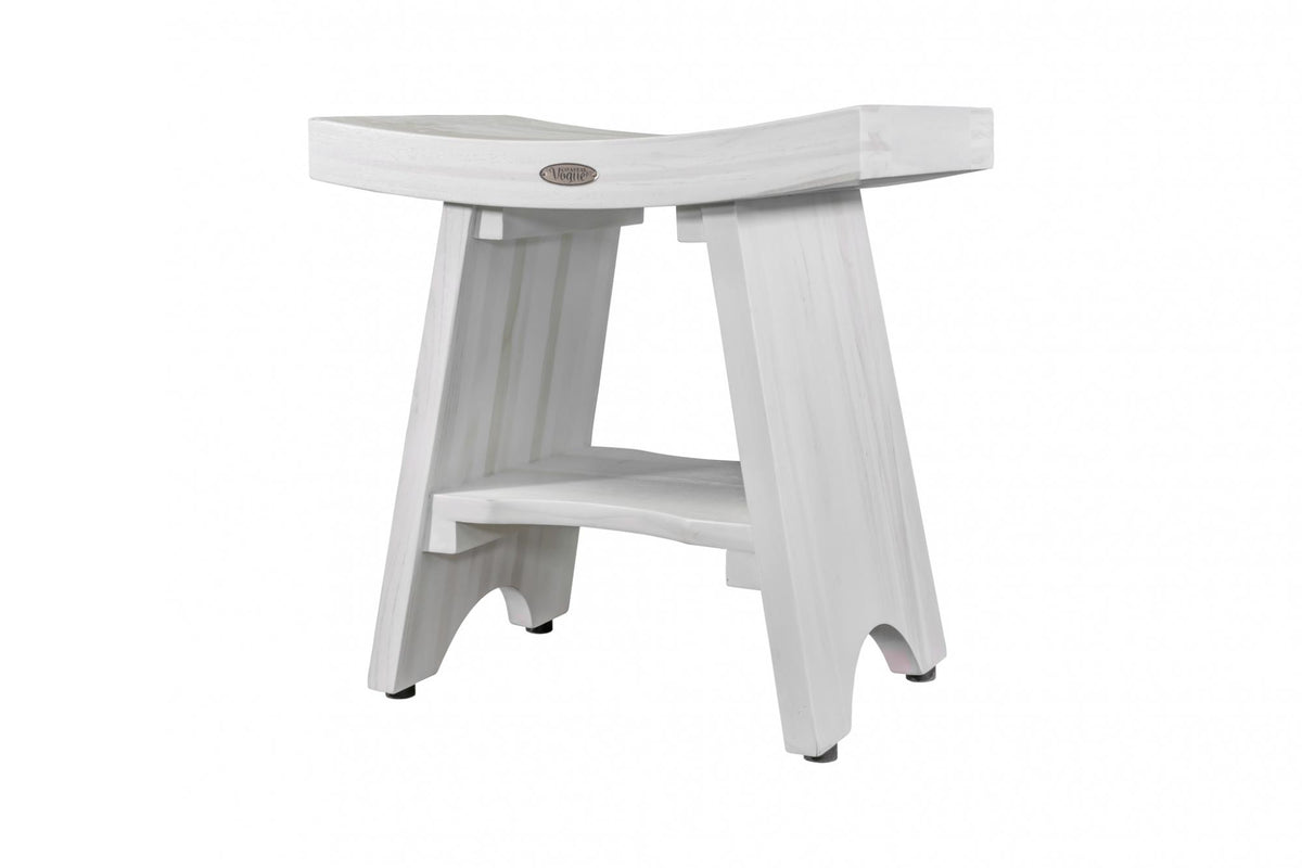 Compact Curvilinear Teak Shower Outdoor Bench With Shelf In Driftwood Finish