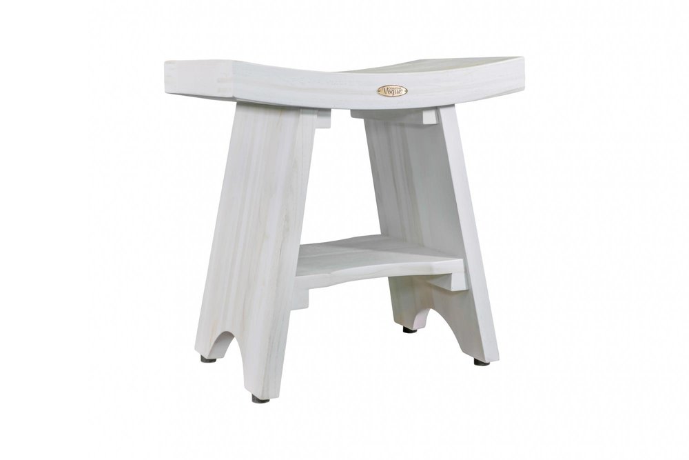 Compact Curvilinear Teak Shower Outdoor Bench With Shelf In Driftwood Finish