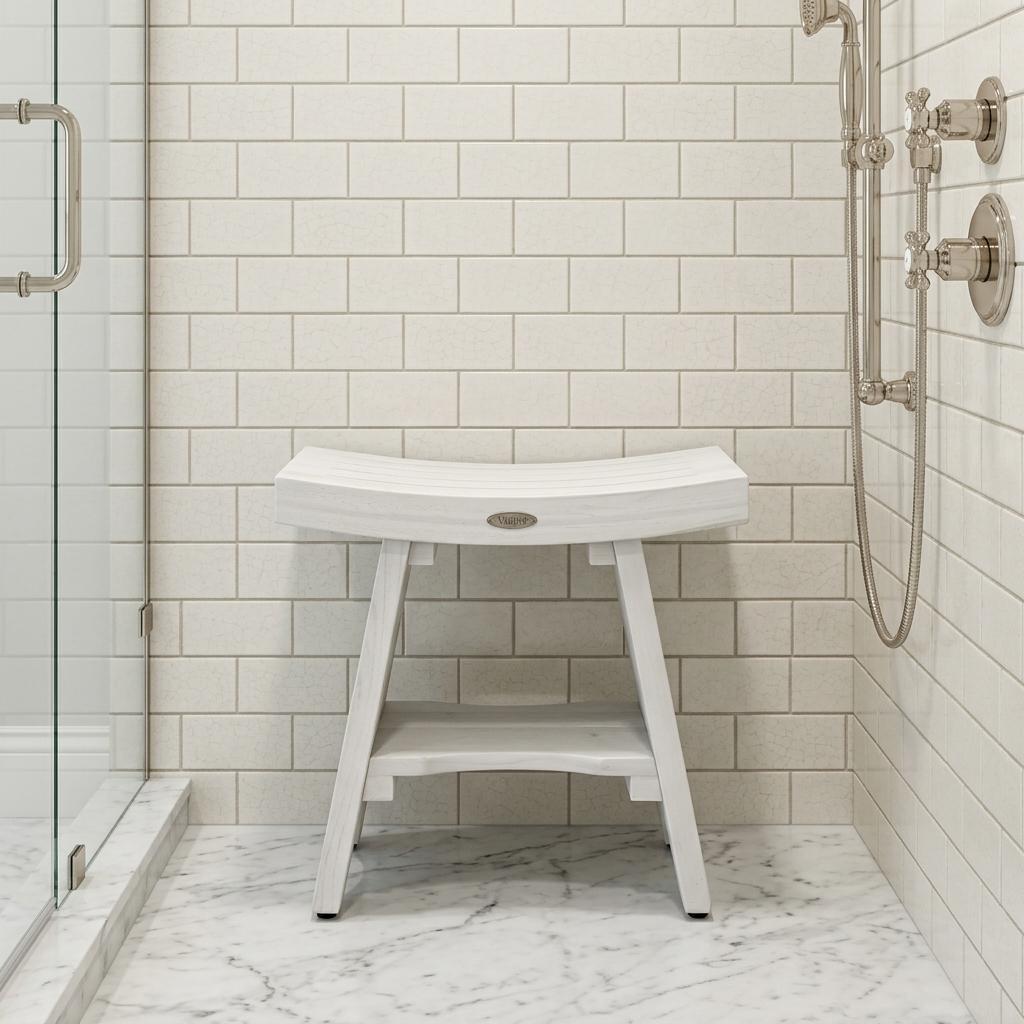 Compact Curvilinear Teak Shower Outdoor Bench With Shelf In Driftwood Finish