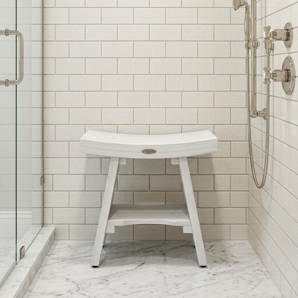 Compact Curvilinear Teak Shower Outdoor Bench With Shelf In Driftwood Finish