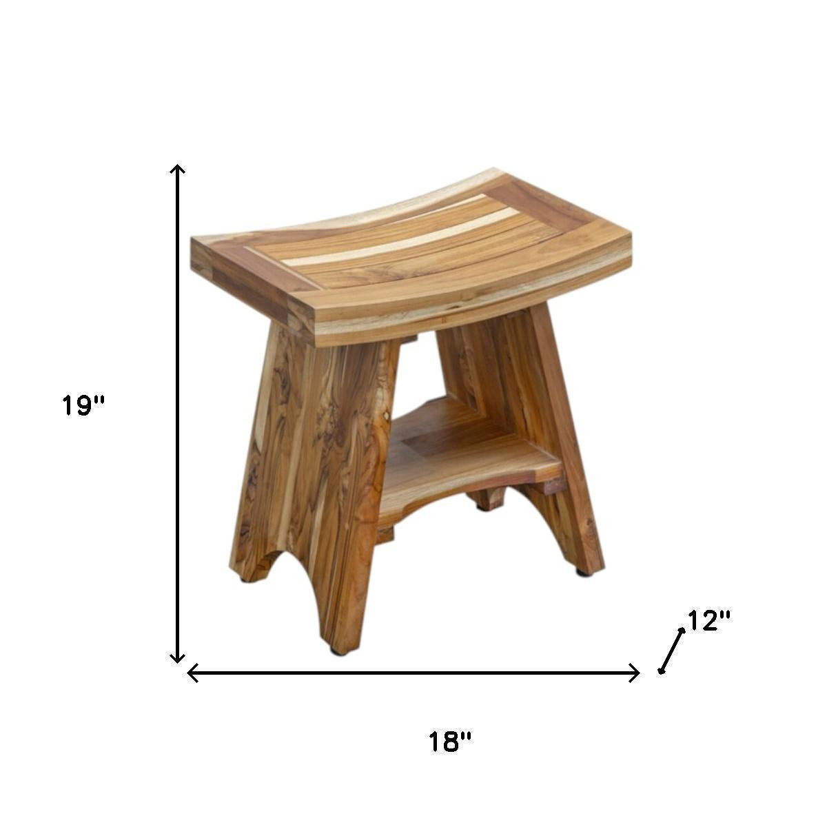 Compact Curvilinear Teak Shower Outdoor Bench With Shelf In Natural Finish
