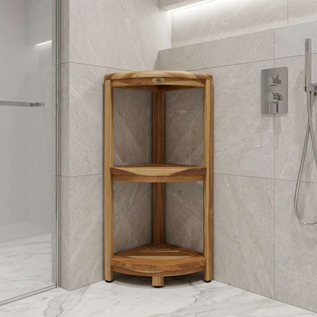 33" Natural Teak Corner Shower Bench With Shelf