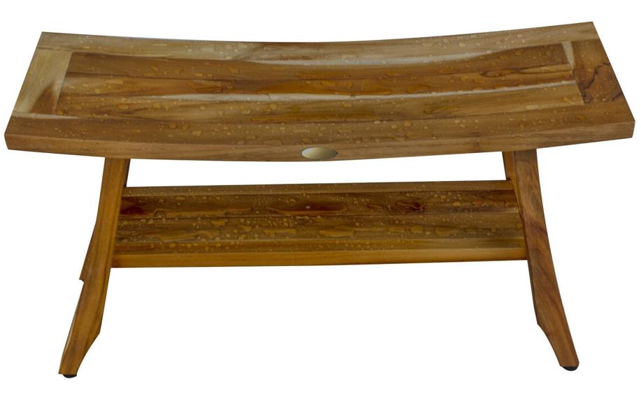 Compact Curvilinear Teak Shower Outdoor Bench With Shelf In Natural Finish