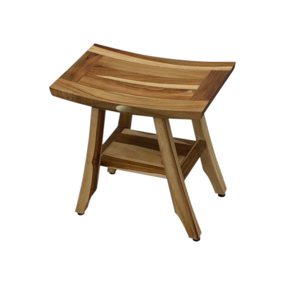 Compact Rectangular Teak Shower Outdoor Bench With Shelf In Natural Finish