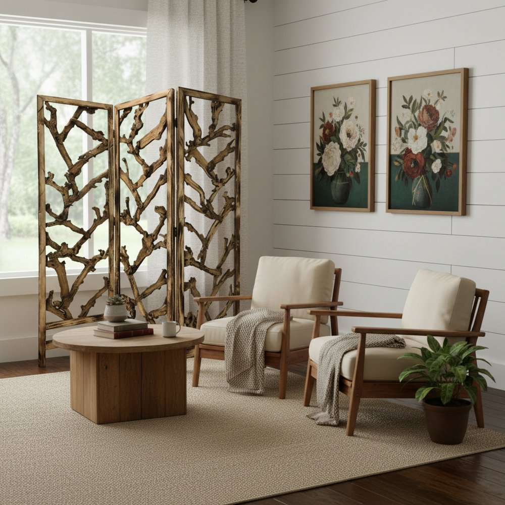 Rustic Earthy Wood Root Three Panel Room Divider Screen