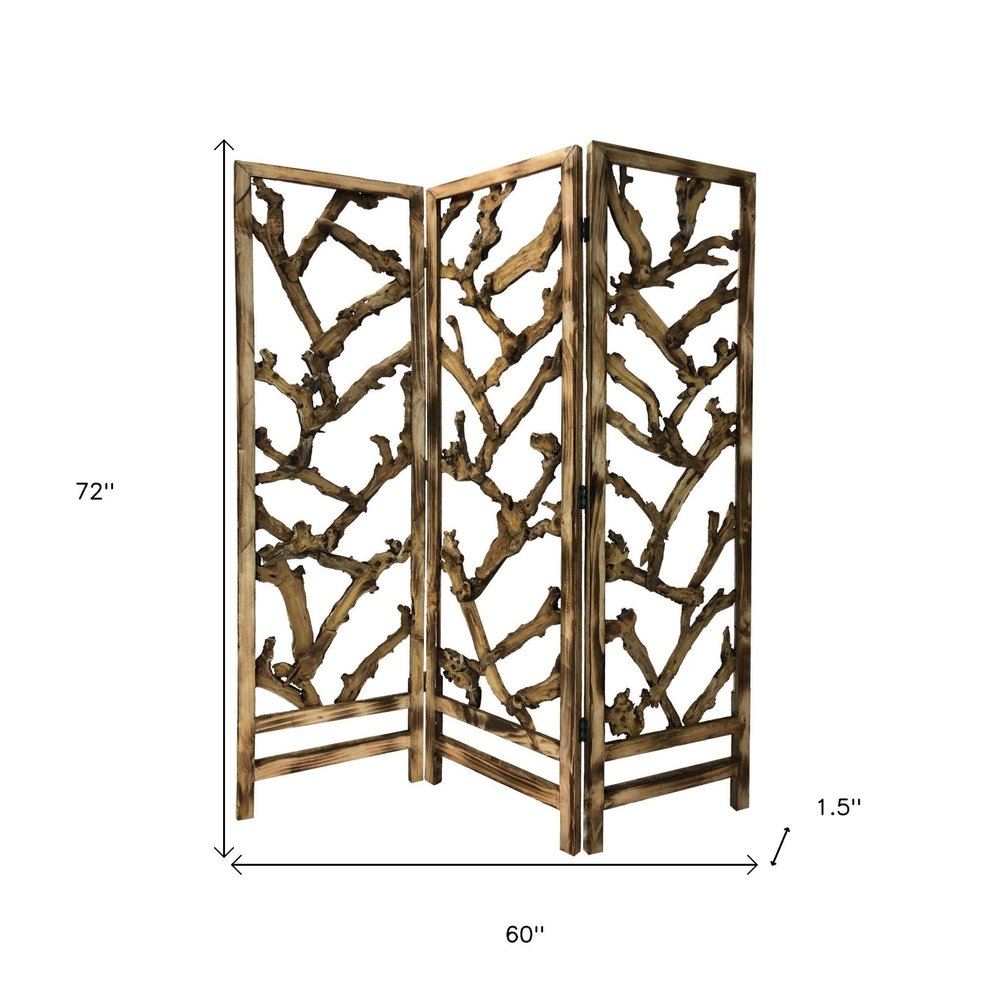 72" Brown Solid Wood Folding Three Panel Screen Room Divider