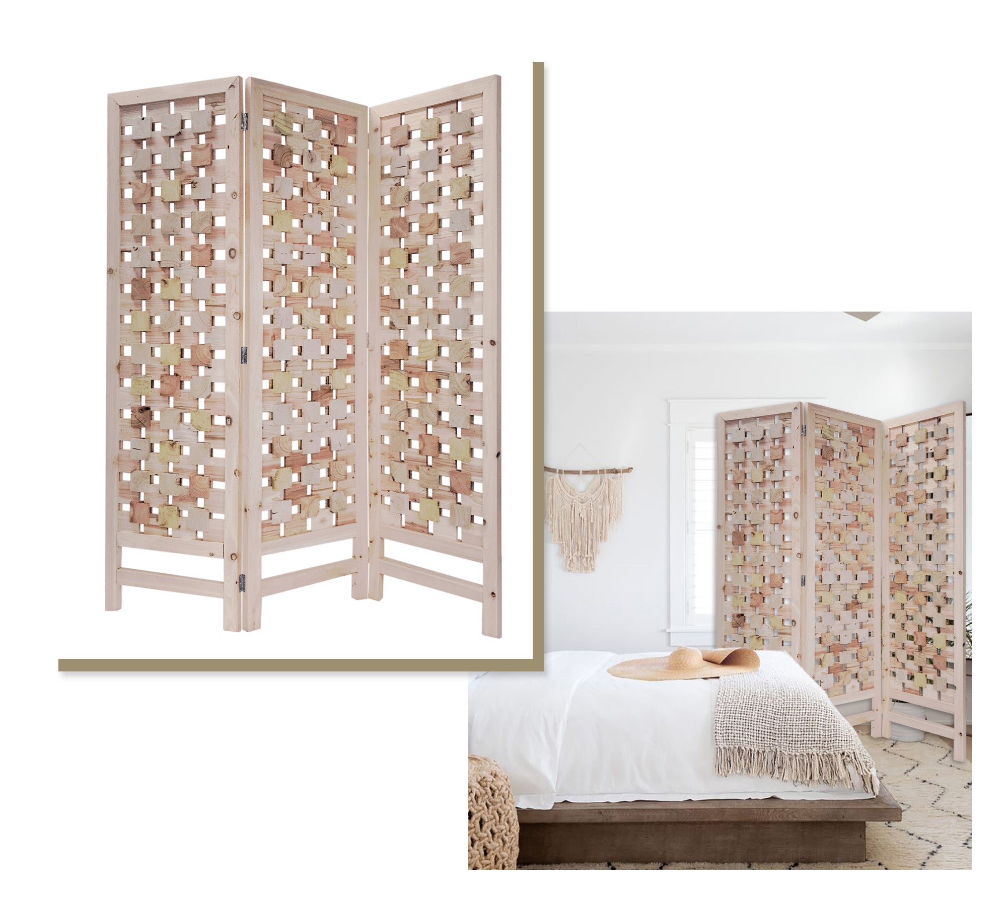 3 Panel Pink Room Divider With Cut Square Wood Design