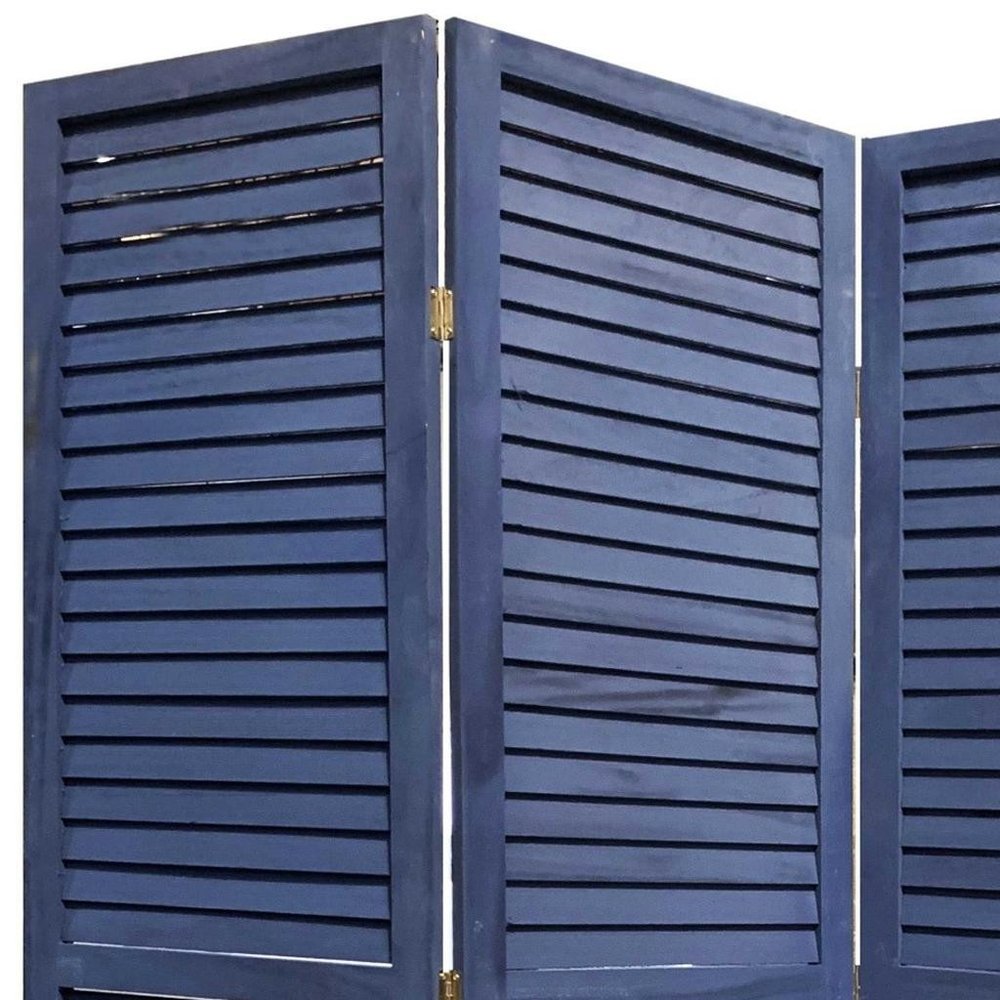 67" Dark Blue Solid Wood Folding Three Panel Screen Room Divider