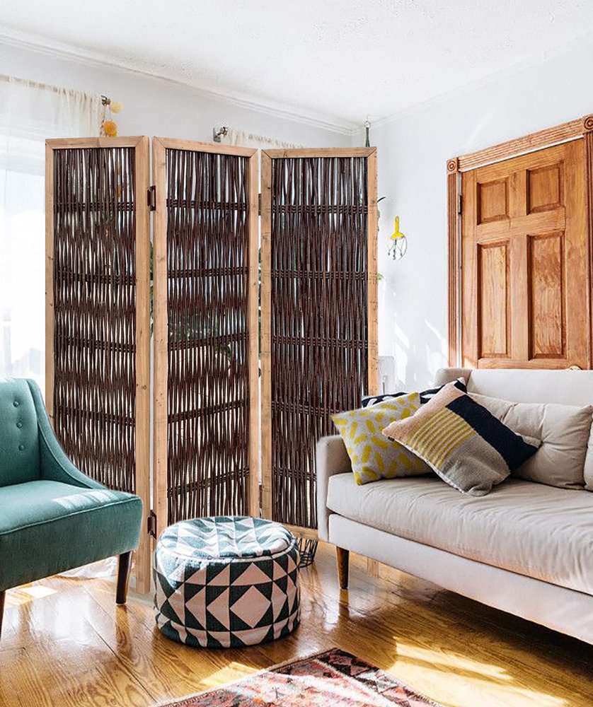 71" Brown Solid Wood Folding Three Panel Screen Room Divider