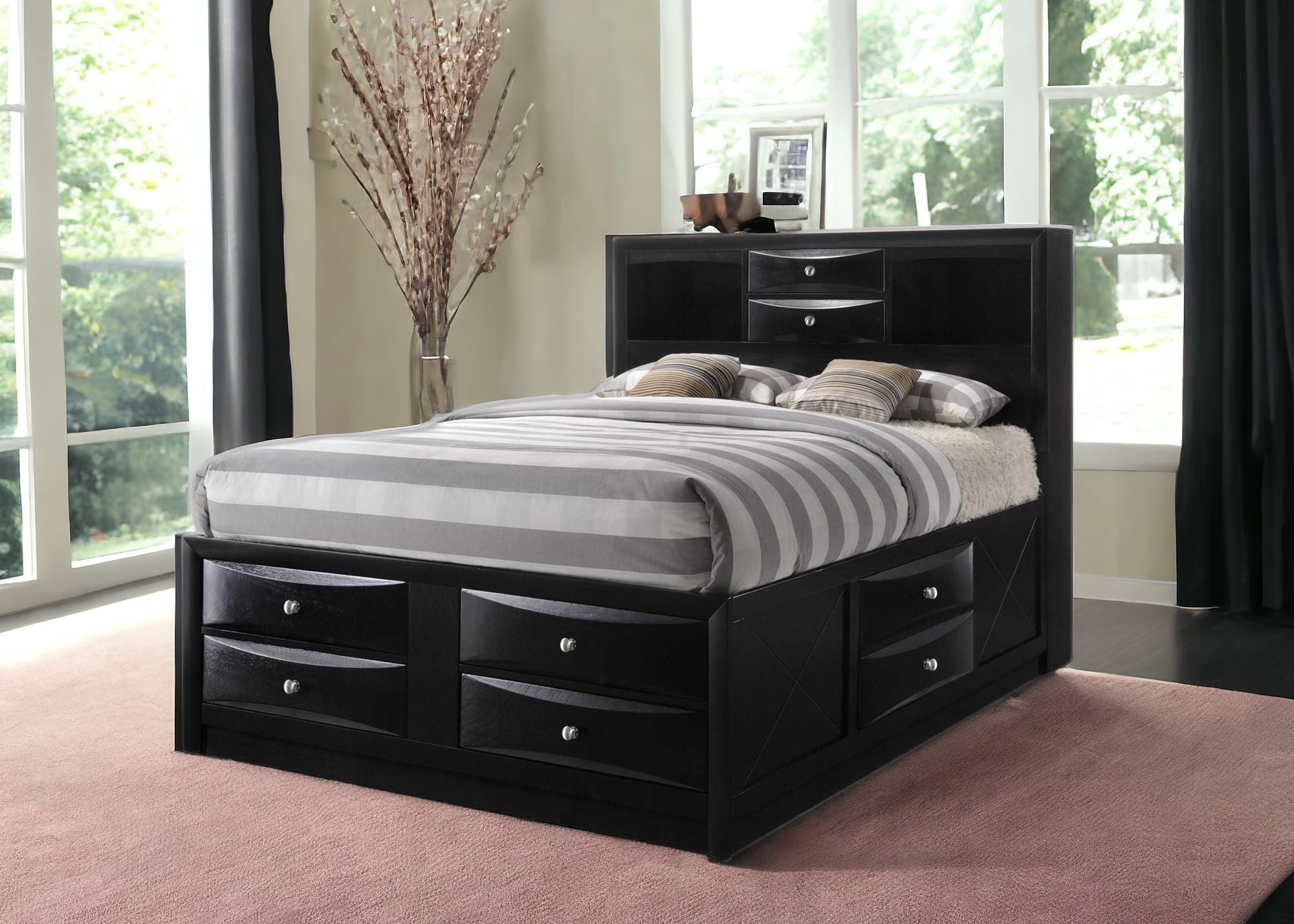 Black Multii-Drawer Wood Platform King  Bed With Pull Out Tray