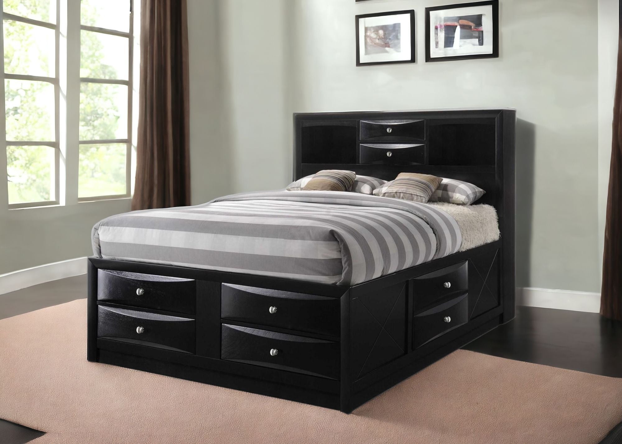 Black Multi-Drawer Queen Bed With Bookcase Headboard