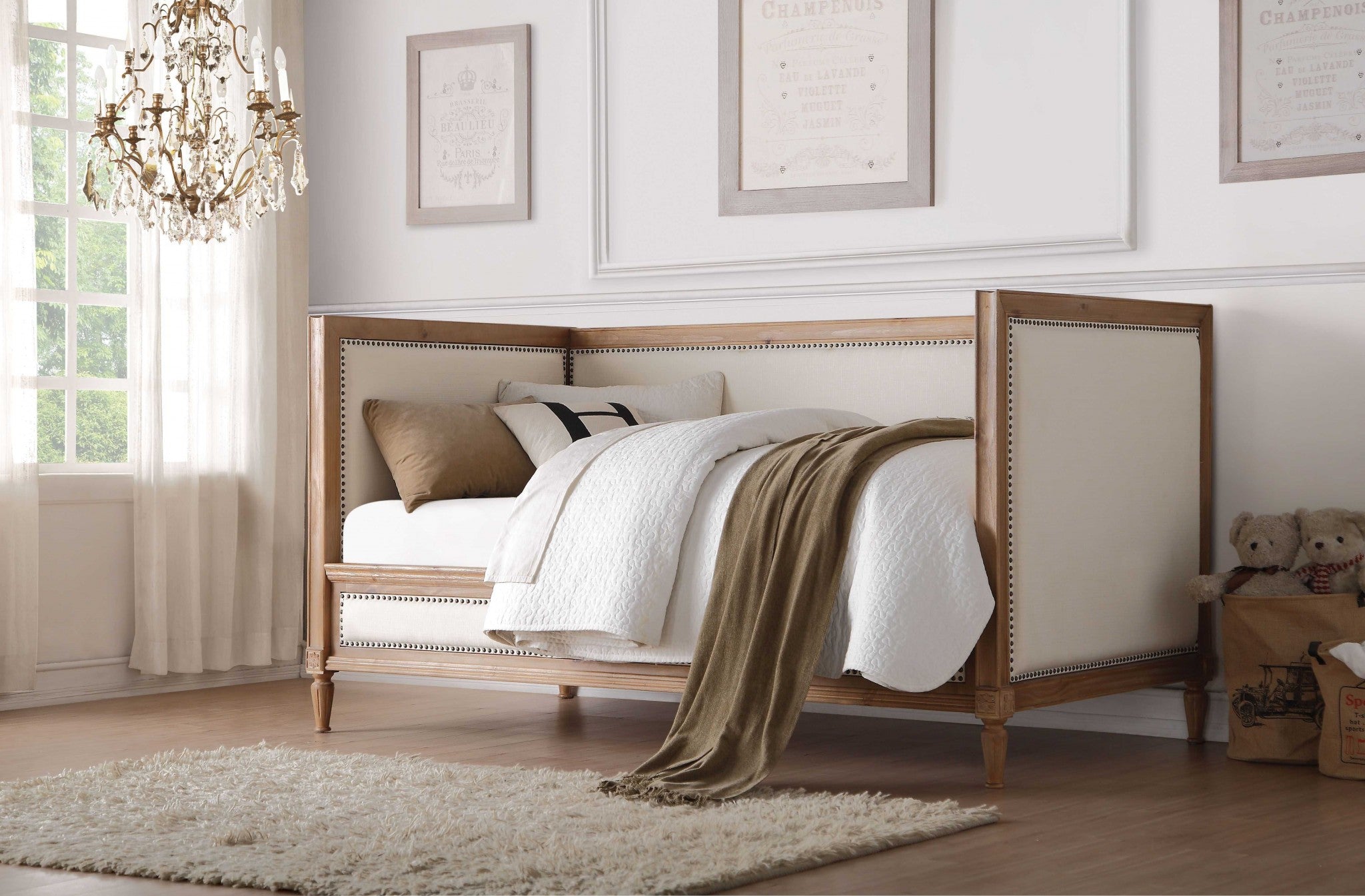 Oak And Linen Nail Head Trim Twin Daybed