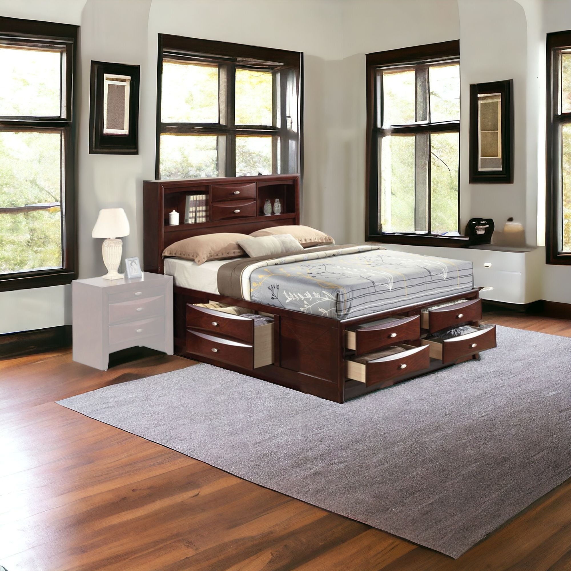 Espresso Multi-Drawer Wood Platform Full Bed With Pull Out Tray