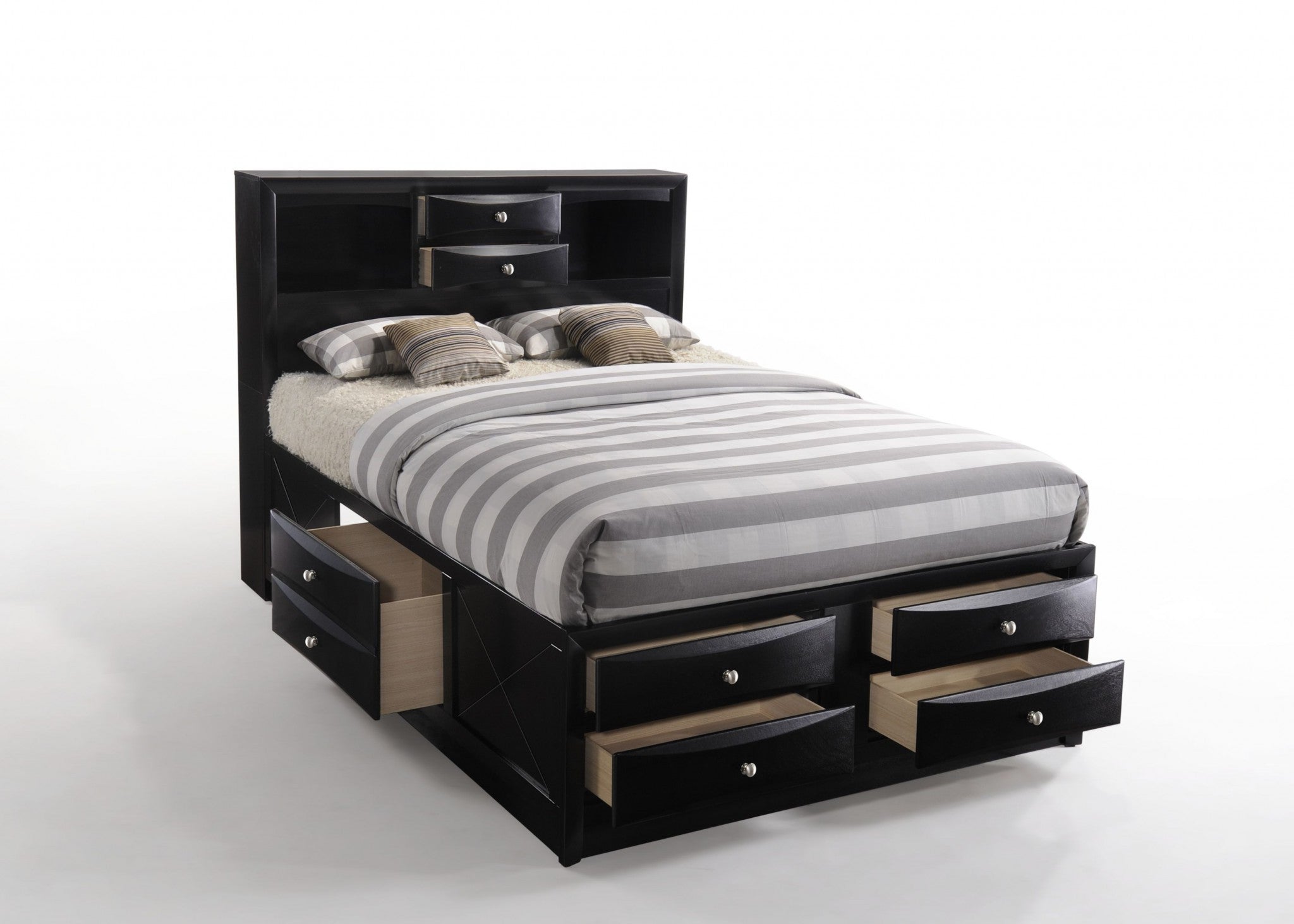 Black  Multi-Drawer Wood Platform  Full Bed With Pull Out Tray