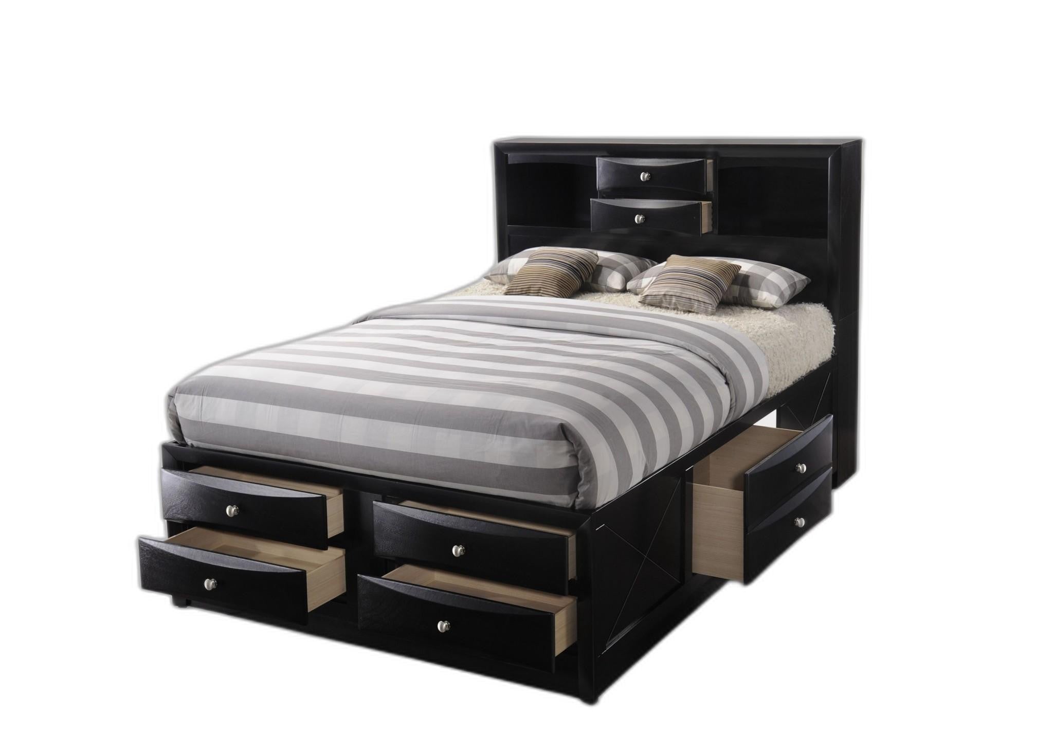 Black  Multi-Drawer Wood Platform  Full Bed With Pull Out Tray