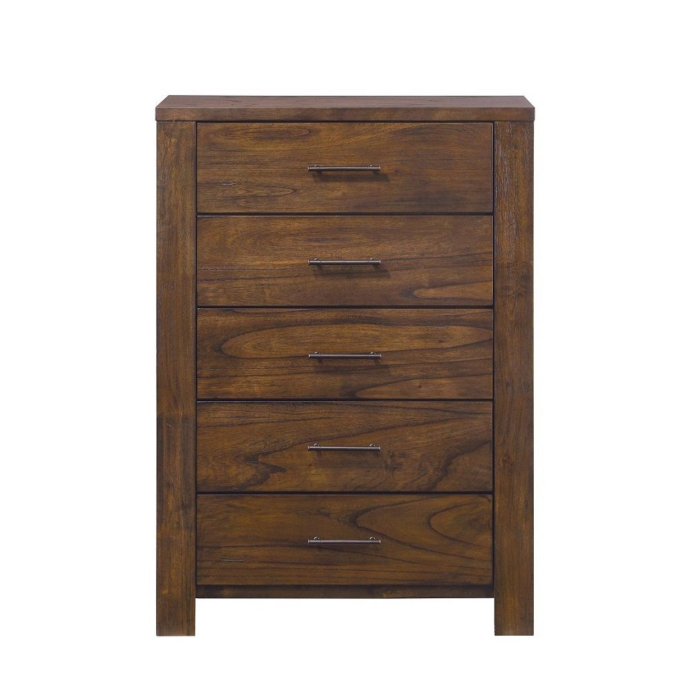 48" Oak Finish 5 Drawer Chest Dresser With Brass Metal Hardware