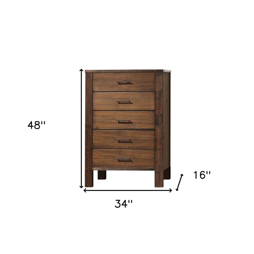 34" Brown Solid Wood Five Drawer Dresser