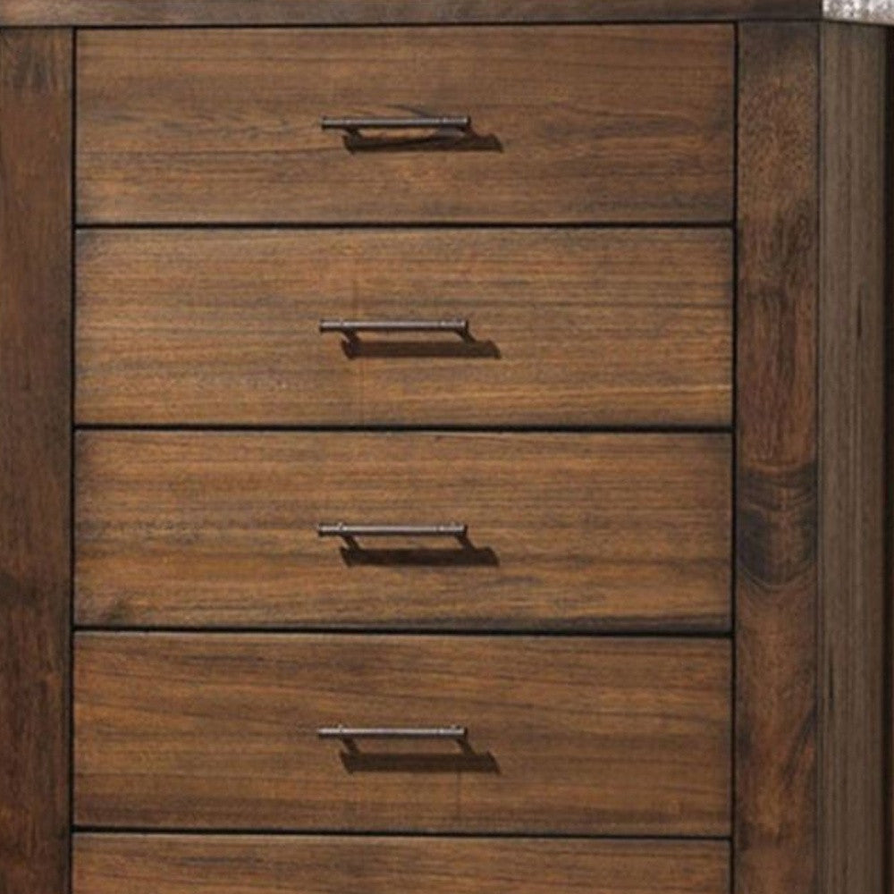 48" Oak Finish 5 Drawer Chest Dresser With Brass Metal Hardware