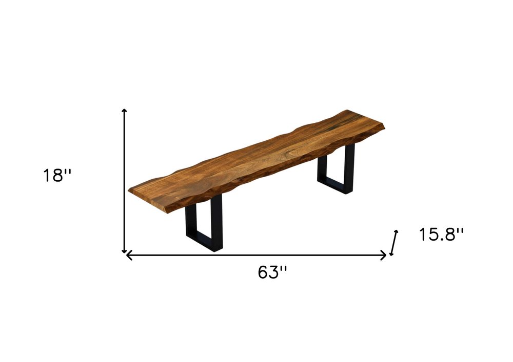 63" Brown and Black Acacia Solid Wood Garden Bench